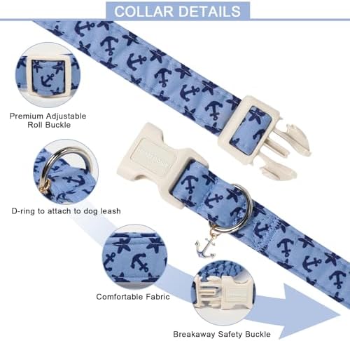 Lionet Paws Blue Dog Collar Summer Anchor Collars with Cute Anchores Pattern Pendant - Male Boy Dog Collar for Small Medium Dogs XS