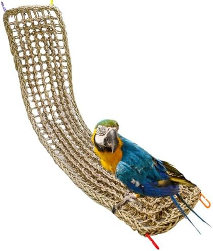 Bird Seagrass Mat 39.4×7" Long Natural Macaw Woven Net Hammock Hanging on Parrot Cage with Hooks Climbing Ladder Swing Chew Toys for Cockatoo Large Parrot Supplies