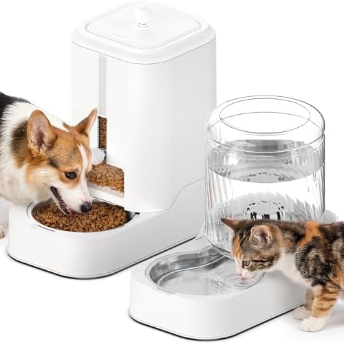 JUNSPOW Automatic Cat Feeder Water Dispenser Set with Stainless Steel Bowls