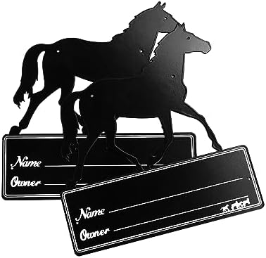 QWORK Horse Stall Name Plate, 2 Pack Heavy Duty Steel Horse Stall Plague, Horse Stall Personalized Signs, All Weather UV Protected, Black