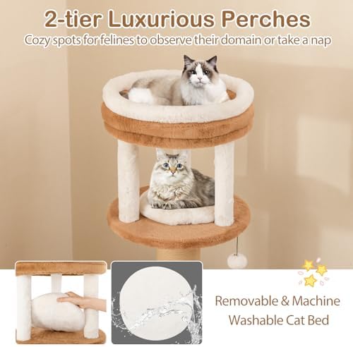 PETSITE 65 Inch Tall Cat Tree, Multi-Level Cat Tower with Scratching Posts, Soft Faux Rabbit Fur Padded Perches, Removable Cushion, Sisal Rope, and Dangling Ball, Modern Cat Tree Tower for Indoor Cats