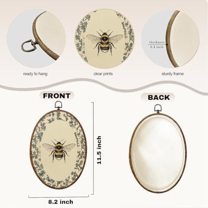 Vintage Bee Oval Framed Wall Art, Cottagecore Floral Canvas Art Wall Decor，Rustic Garden Botanical Bathroom Hanging Decor Painting Artwork for Home Bedroom Living Room Office Bedroom 8.3x12inch