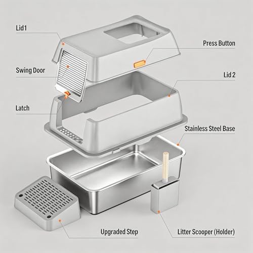 Stainless Steel Litter Box with Lid, Extra Large Enclosed Cat Litter Pan for Big Cats, High Sided Metal Litter Box with Enclosure, Front & Top Entry, Easy Clean, Anti-Leakage, Includes Scoop，Grey