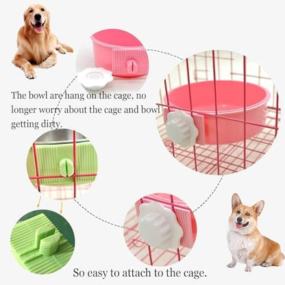 kathson Crate Dog Bowl, Removable Stainless Steel Hanging Pet Cage Bowl Food & Water Feeder Coop Cup for Cat, Puppy, Birds, Rats, Guinea Pigs (6 PCS, Size: L, 2×Blue,2×Green,2×Pink) (Pack of 2)