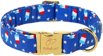 4th of July Dog Collar, Blue Flag Popsicle Patriotic Pet Collar with Metal Buckle, Adjustable Summer Holiday Dog Collars for Small Medium Large Dogs XL