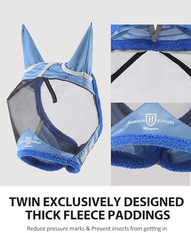 Harrison Howard Horse Fly Mask UV Protective Fine Mesh with Extra Wool Soft Touch on Skin Fly and UV Protection Aquamarine-Black L