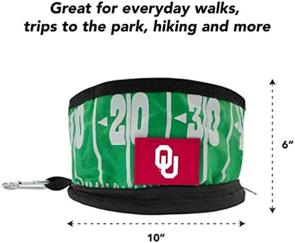 Pets First NCAA Oklahoma Sooners Collapsible Dog Travel Bowl, Food and Water Bowl for Dogs & Cats. Lightweight Leak-Proof Pet Bowl for Travel with Football Field & Pebble-Grain Design