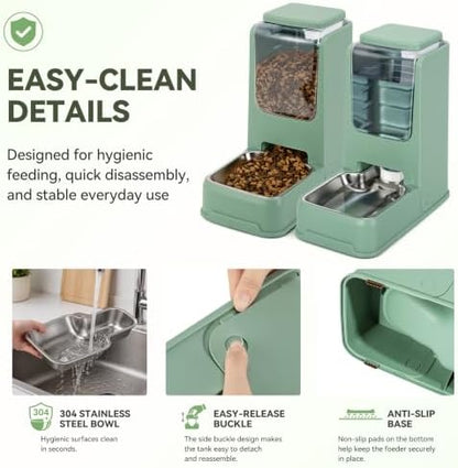 2 Pack Automatic Cat Feeder Stainless Steel Gravity Food and Water Dispenser for Small Medium Kitten Puppy Pets (Green)