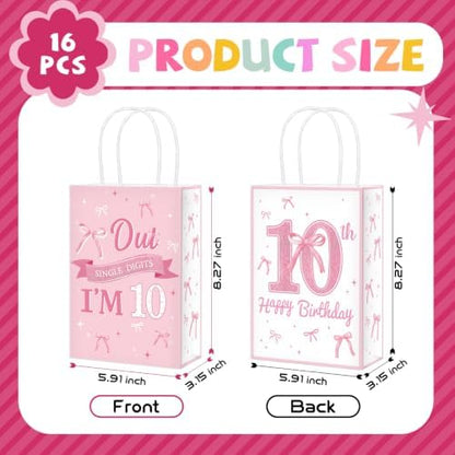 16Pcs Pink Bow 10th Birthday Party Favor Bags Cute Bow Goodie Bags