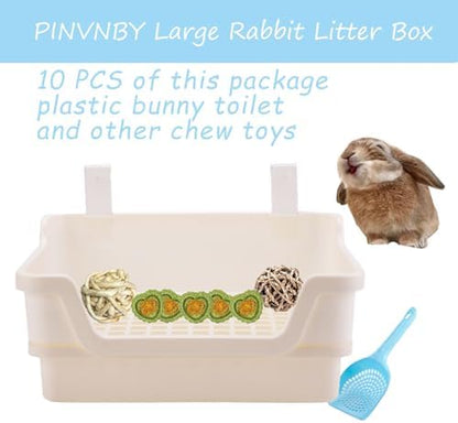 Extra Large Rabbit Litter Box with Splash Guard & Removable Tray - Double Layer Small Animal Cage Toilet for Guinea Pigs, Chinchillas, Ferrets - Chew-Proof Plastic + 2 Hooks (15.7" Jumbo, Beige)