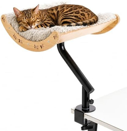 PEQULTI Desk Cat Bed, 360° Rotating Clamp-On Cat Hammock, Wood, Beige