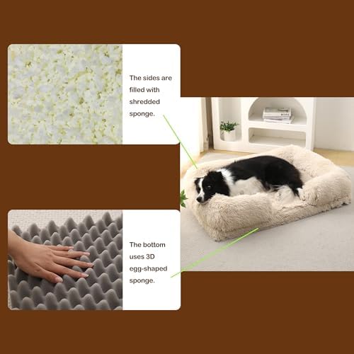 Orthopedic Dog Bed for XXL Dogs - Washable Memory Foam Pet Sofa, Fluffy Plush Rectangular Bed, Waterproof Anti-Anxiety Couch, Light Brown, XXL