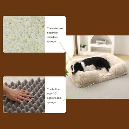 Orthopedic Dog Bed for XXL Dogs - Washable Memory Foam Pet Sofa, Fluffy Plush Rectangular Bed, Waterproof Anti-Anxiety Couch, Light Brown, XXL