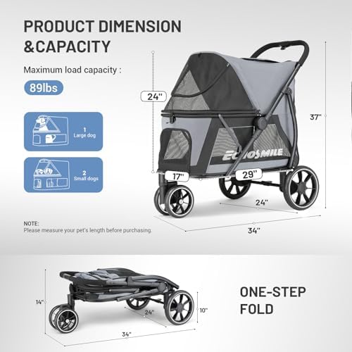 EchoSmile Dog Stroller for Medium & Small Dogs, Foldable Pet Stroller with 3 Wheels & Brakes, All-Terrain Cat Dog Carrier with Breathable Mesh, Safety Leash and Storage Pocket, Gray