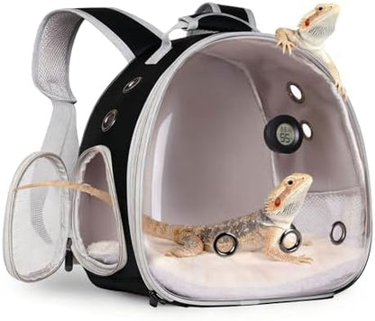 Bearded Dragon Backpack Carrier w/Reptile Thermometer Hygrometer, Clear Bubble Window Astronaut Space Capsule Travel Bag for Leopard Gecko, Ball Python, Lizard, Hermit Crab, Spider, Guinea Pig