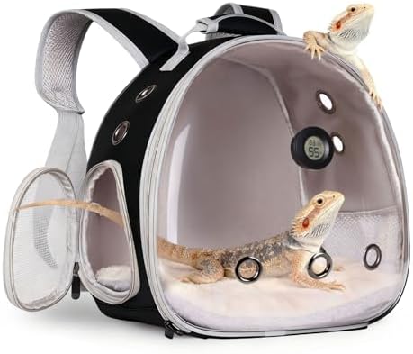 Bearded Dragon Backpack Carrier w/Reptile Thermometer Hygrometer, Clear Bubble Window Astronaut Space Capsule Travel Bag for Leopard Gecko, Ball Python, Lizard, Hermit Crab, Spider, Guinea Pig