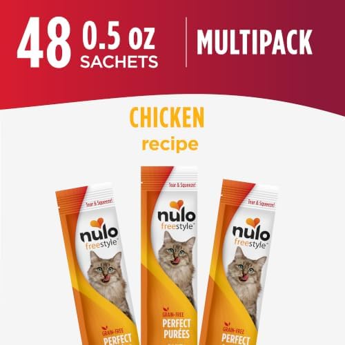 Nulo Freestyle Lickable Cat Treats - Perfect Purées Chicken Recipe, Squeezable Grain-Free Wet Cat Food Topper, High Moisture for Hydration, 0.5oz Tubes (Pack of 48)