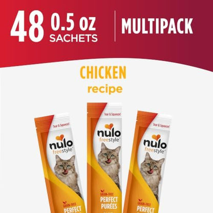 Nulo Freestyle Lickable Cat Treats - Perfect Purées Chicken Recipe, Squeezable Grain-Free Wet Cat Food Topper, High Moisture for Hydration, 0.5oz Tubes (Pack of 48)