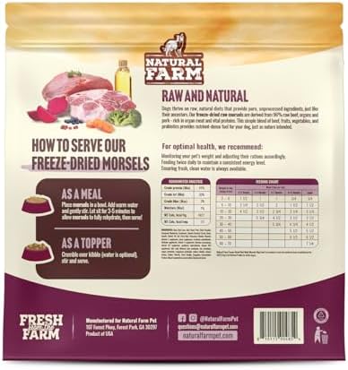 Natural Farm Freeze-Dried Red Meat Morsels for Dogs – 96% Raw Beef, Organs & Pork, Complete Meal or Food Topper, Grain-Free, Gluten-Free, Probiotics for Digestion, All Life Stages – 3.5oz Bag