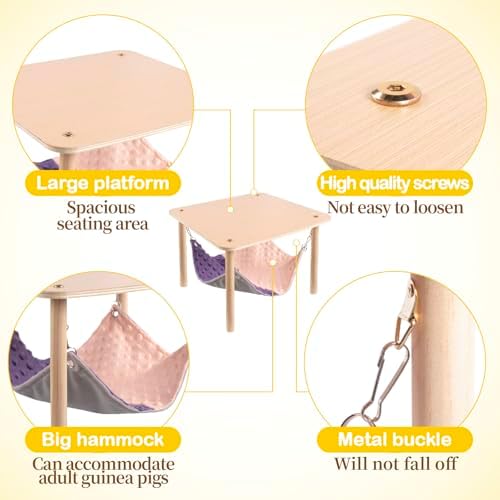 BESNEW Enlarged Guinea Pig Hammock with Wooden Stand,Small Animal Hanging Bed Large Platform for Guinea Pigs Bunny Ferret Hamster Hiding Sleeping 13L x 13W x 11H in