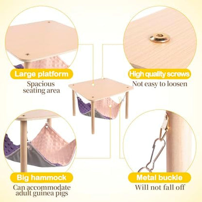 BESNEW Enlarged Guinea Pig Hammock with Wooden Stand,Small Animal Hanging Bed Large Platform for Guinea Pigs Bunny Ferret Hamster Hiding Sleeping 13L x 13W x 11H in