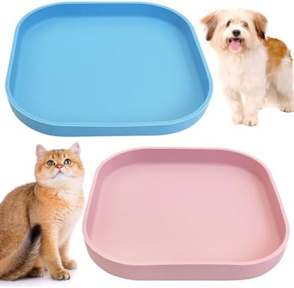 Fhiny 2PCS Silicone Cat Bowls Set 7.1 x 7.1 in Shallow Dog Dish Whisker Friendly Cat Food Plate for Dry & Wet Food Dishwasher Safe Non-Slip Pet Feeding Bowls for Kittens and Puppies (Pink+Blue)
