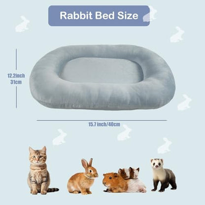 15.7’’×12.2’’ Cozy Bunny Bed for Rabbits Indoor, Soft Concave Oval Beds for Small Animal, Washable Plush Mat for Bunnies, Guinea Pigs,Rabbit,Blue