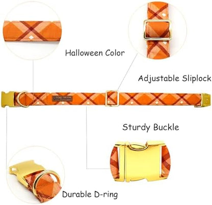 Dog Collars, Fall Dog Collar Orange Plaid Print Pet Collar Durable Metal Collar Cute Girl Boy Dog Collars Adjustable Dog Collar for Large Dogs