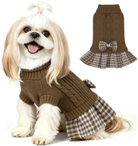 YUDODO Small Dog Sweater Dress with Bowtie Turtleneck - Knitted Pet Clothes