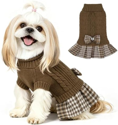 YUDODO Small Dog Sweater Dress with Bowtie Turtleneck - Knitted Pet Clothes