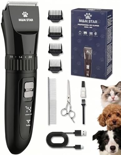 M&M STAR Dog Grooming Kit, Low Noise Dog Clippers, 2-Speed IPX7 Waterproof, Rechargeable Cordless Pet Hair Clippers Trimmer Shaver with LED Display for Dogs and Cats, Black