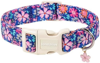 Lionet Paws Floral Dog Collar Spring Summer Daisy Cosmos Bipinnatus Collars with Pink Cherry Blossom Pattern Pendant - Female Girl Dog Collar for Small Medium Dogs S
