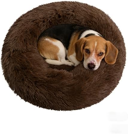 Calming Donut Dog Beds for Small Dogs Cats - Washable Removable Cover Non-Slip Bottom, Round Pet Bed Puppy Bed Warming Fluffy Faux Fur Anti-Anxiety, Fits up to 25 lbs (Coffee, 23")