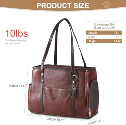 Fashion Dog Carrier Purse, Premium Leather Cat Carrier Bag, Airline Approved Soft Sided Pet Travel Tote Bag with Pockets Coffee