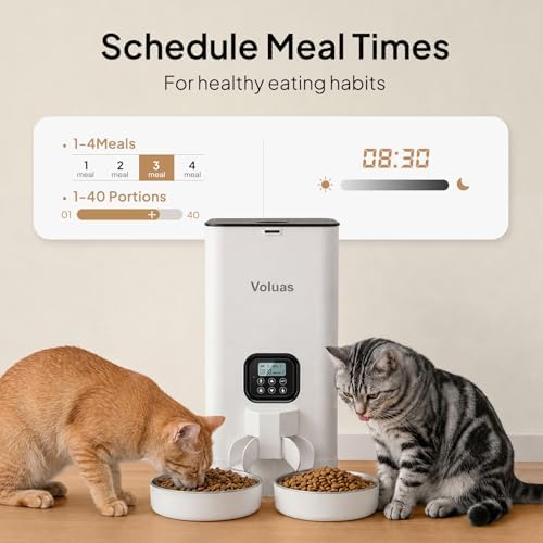 VOLUAS Automatic Cat Feeder for Two Cats with Dual Stainless Bowls, 6L