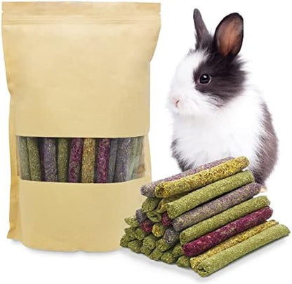 Fhiny 68 PCS Rabbit Chew Sticks, Natural Petals Timothy Hay Sticks Guinea Pig Chewing Toys for Teeth Small Animals Molar Snacks for Bunny Guinea Pig Chinchilla Hamster