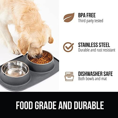 GORILLA GRIP Dog Bowl Set with Feeding Mat, 304 Stainless Steel, 3 Cup Gray