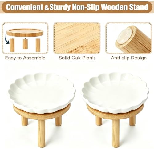 Elevated Cat Bowls with Bamboo Stand, Ceramic Raised Cat Bowl Set of 2, 5.9 Inch Whisker Friendly Anti Vomiting Cat Food Bowls for Dry and Wet Food