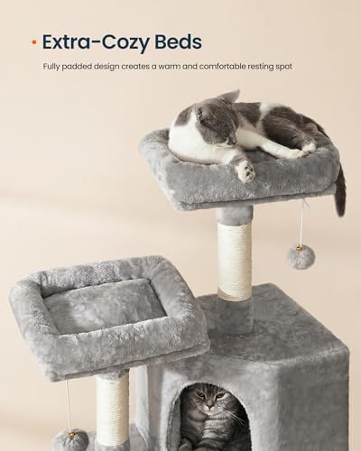 SONGMICS HOME Cat Tree, Cat Tower with Cat Cave, Scratching Ramp, Sisal Scratching Posts, Multi-Level Cat Condo for Indoor Cats, Light Gray