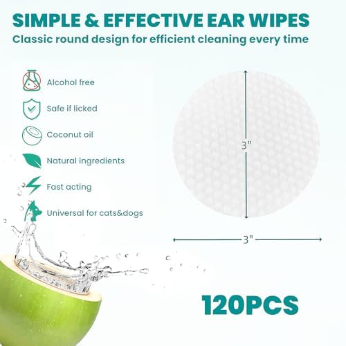 MEDUWEDU Ear Cleaner Wipes 120 Counts, Dog Ear Cleaner, Grooming Kit Care for Dogs and Cats, Soft & Easy Otic Cleaning Pads, Remove Wax, Dirt & Stop Smelly, Itchy, Non-Irritating, Coconut Scent