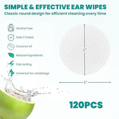 MEDUWEDU Ear Cleaner Wipes 120 Counts, Dog Ear Cleaner, Grooming Kit Care for Dogs and Cats, Soft & Easy Otic Cleaning Pads, Remove Wax, Dirt & Stop Smelly, Itchy, Non-Irritating, Coconut Scent