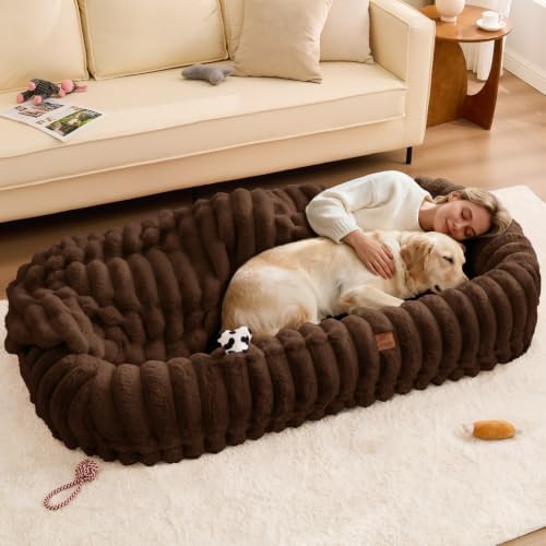 ChiXnuggle Orthopedic Human Dog Bed,Striped Faux Fur Washable Cover,Blanket