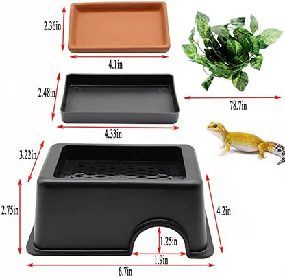 Hamiledyi Reptile Hide Box Gecko Hideout Cave with Sink Humidifier Lizards Hideaway Hut Flexible Leaves Pet Habitat Decor for Snakes Leopard Spiders Turtles Amphibians