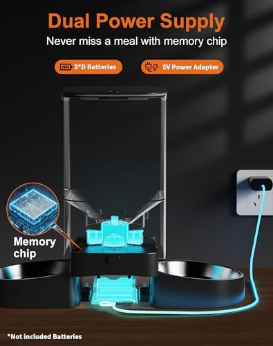 HoneyGuaridan 5L Automatic Cat Feeder for Two Cats, 2.4/5G WiFi Smart Feed Pet Feeder with Stainless Steel Bowl,APP Control Dispenser, Dual Power Supply,Desiccant Bag,10s Meal Call Black