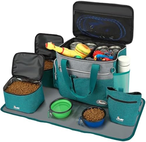 Dog Travel Bag for Pet Kit for Supplies with 2 Food Storage Containers 2 Collapsible Bowls 1 Feeding Mat 1 Dog Treat Pouch 7-Piece Set Perfect Road Trips Camping Weekend (Teal)