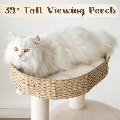 Modern Cat Tree, 39" Tall Cat Tree Tower for Cats, Cat Condo with Scratching Posts, Multi-Level Solid Wood Tower & Top Perch, Cat Furniture for Big Cats