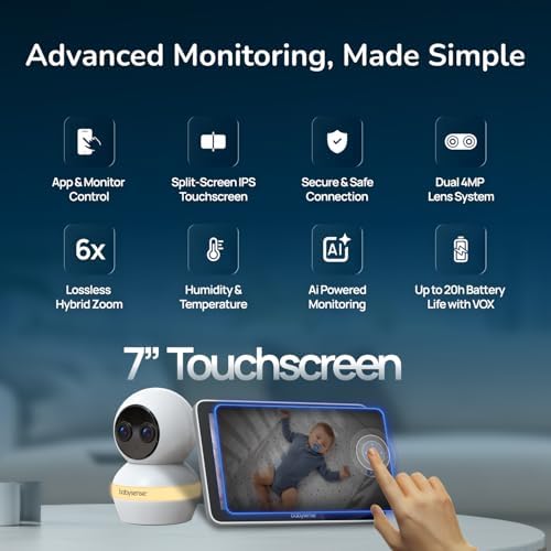 Babysense TOUCH 7" Touchscreen Smart WiFi Baby Monitor with App, Camera and Audio, 2 Cameras with Night Light, 4MP Dual-Lenses with 6X Zoom, AI Auto Tracking, Focus Area, Split-Screen, No Subscription