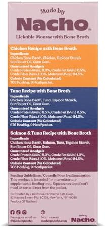 Made by Nacho Lickable Cat Treats Mousse Tubes 12 Count with Bone Broth Variety Pack (.5 oz) No Grains, Corn, Wheat or Soy
