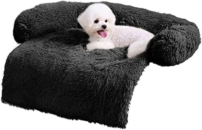 HACHIKITTY Calming Pet Sofa Bed Mat, Washable Fluffy Couch Cover for Dogs and Cats, Anti-Slip Bottom (30"x 27"x 6", Black)