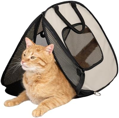 SportPet Designs Pop Open Cat Carrier, Soft-Sided Collapsible Travel Carrier for Cats up to 15 lbs, Lightweight Portable Design with Mesh Ventilation & Secure Zippers, Tan